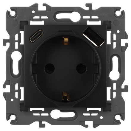 Розетка ЭРА Elegance 14-4108-05 2P+E 16A-250В со шторками с USB type-A+C 5В-3А антрацит