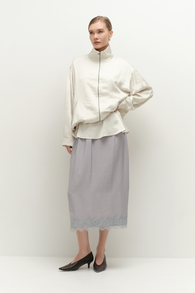 Подъюбник с кружевом серо-голубой