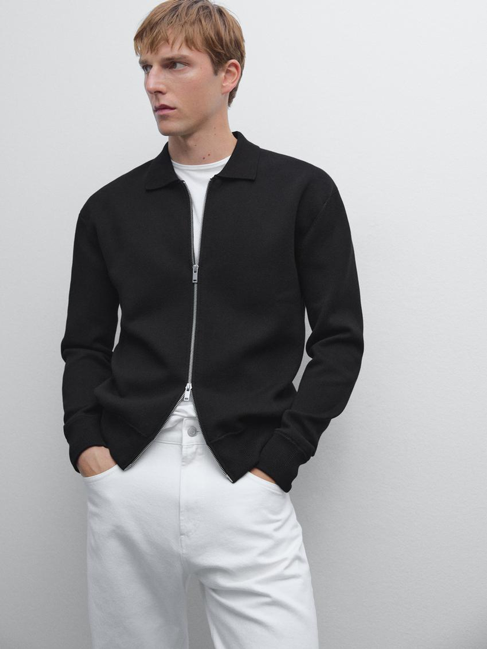 Massimo Dutti Кардиган из смесового хлопка с застежкой-молнией, черный