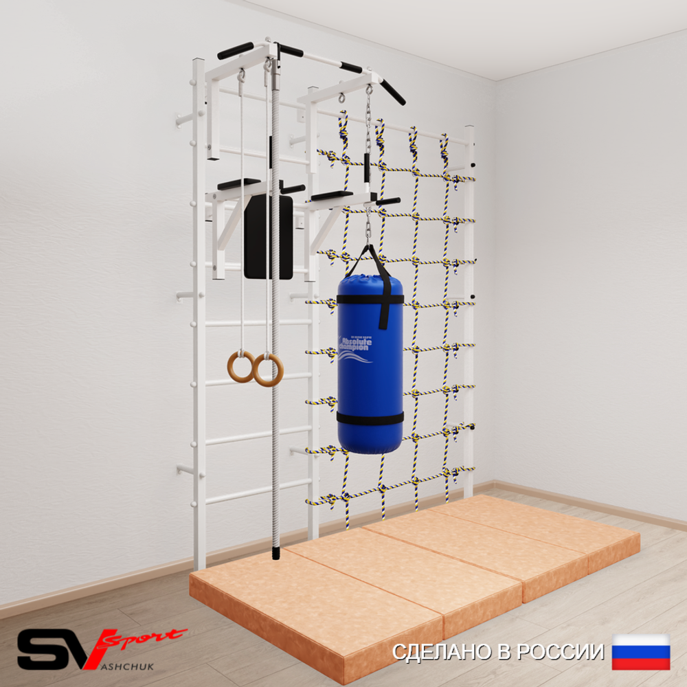 Шведская стенка Sv Sport 57460 (Турник стандарт/Брусья/Канат/Кольца/Цепь/Мешок 22кг/Мат 2м/Канатный лаз)