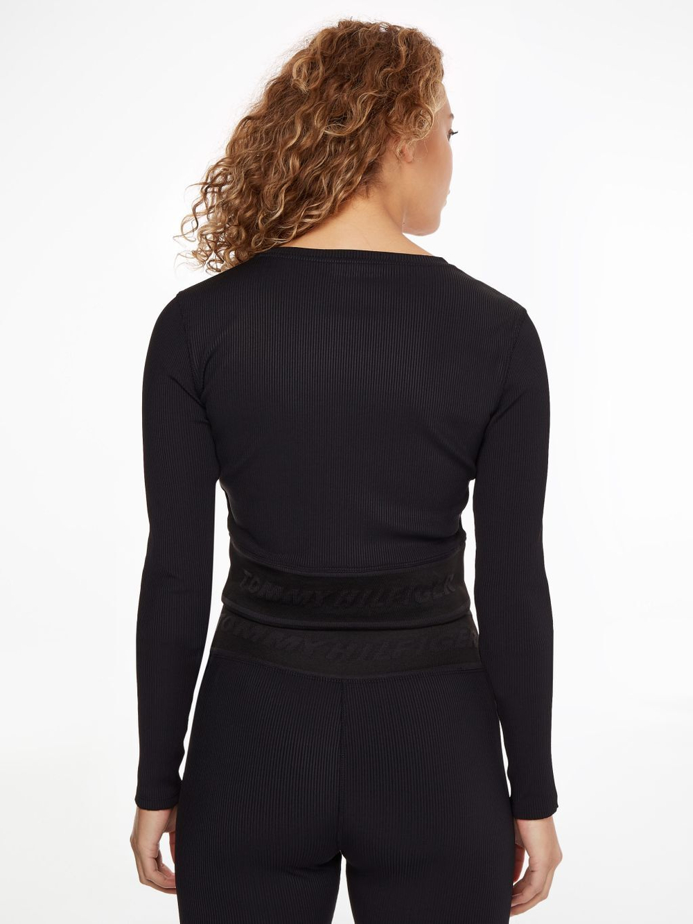 Женская теннисная футболка (dł. Рукава) Tommy Hilfiger Slim Branded Rib Cropped Tee LS - black