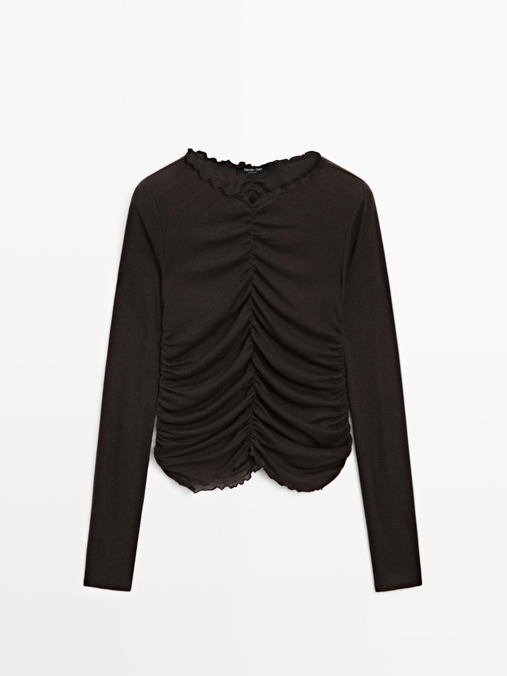 Massimo Dutti Футболка со сборкой и длинными рукавами, коричневый
