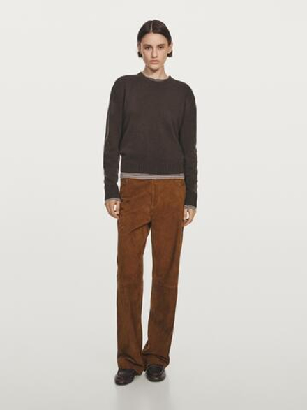 Massimo Dutti Свитер из смесовой шерсти с круглым вырезом, коричневый