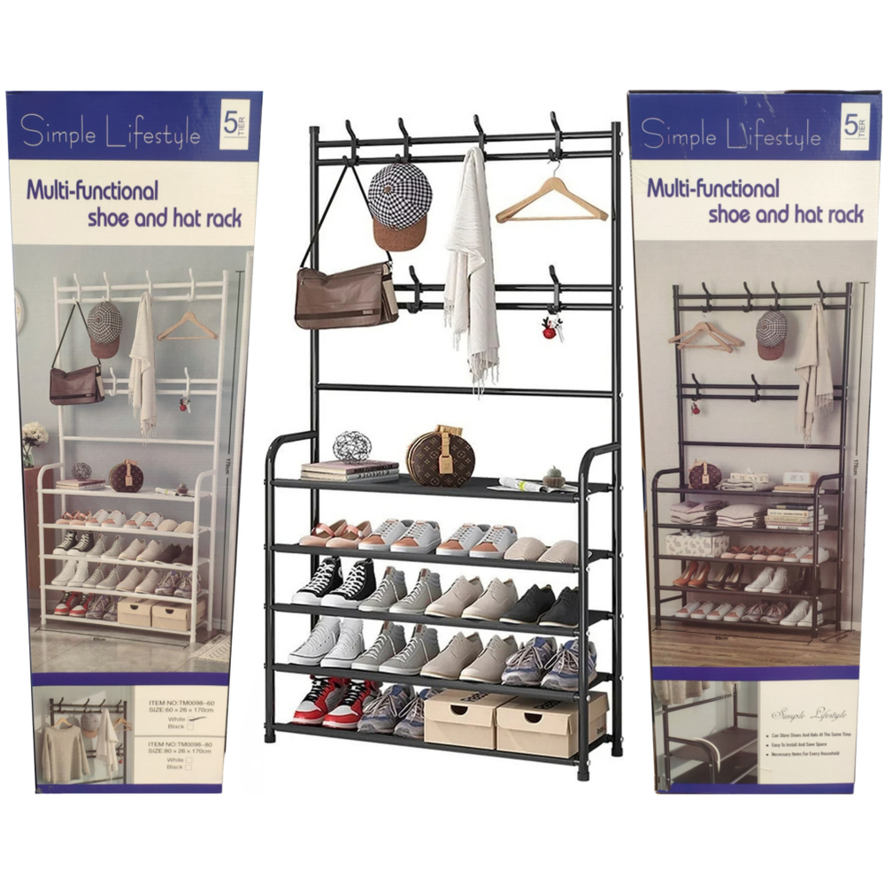 Напольная вешалка для одежды, с этажеркой для обуви 2в1 "Multi-functional shoe and hat rack" 5ярусов - 60×26×170 / 80х26х170см