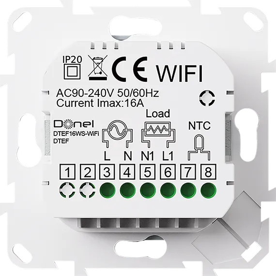 Donel Термостат с датчиком пола с Wi-Fi, программируемый через приложение, 55*55 мм. белое стекло.