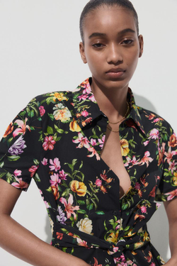 ZARA ТОП ИЗ ПОПЛИНА С ЦВЕТОЧНЫМ ПРИНТОМ, ЧЕРНЫЙ/ЗЕЛЕНЫЙ