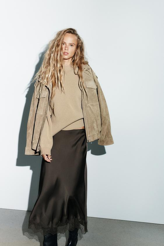 ZARA АТЛАСНАЯ ЮБКА МИДИ С КРУЖЕВОМ, ШОКОЛАДНО-КОРИЧНЕВЫЙ