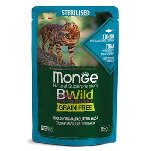 Влажный корм Monge Cat BWild GRAIN FREE для стерилизованных кошек, беззерновой, из тунца с креветками и овощами, паучи 85 г