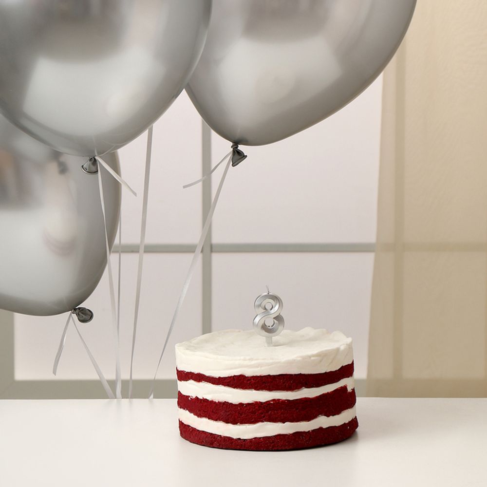 Свеча для торта цифра серебряная 8 + воздушные шары, 5шт