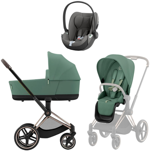 Коляска 3 в 1 Cybex Priam IV Rosegold complete и автокресло Cloud T i-Size Mirage Grey Leaf Green