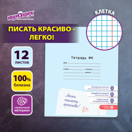 Тетрадь УЧУСЬ ПИСАТЬ № 6 12 л. клетка, со справочным материалом, обложка картон, ЮНЛАНДИЯ, 404849, 20шт
