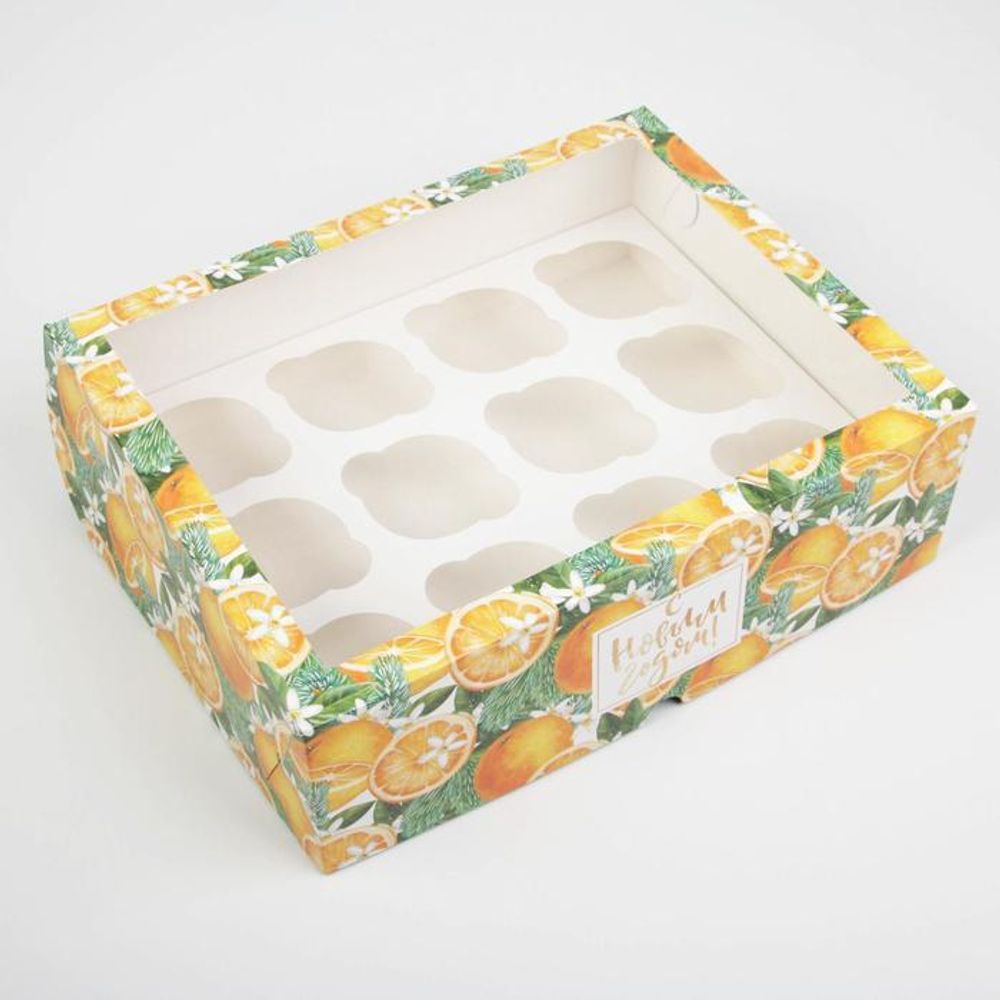 Коробка для капкейков на 12шт "Мандариновое настроение" с окном 25х33х10 см