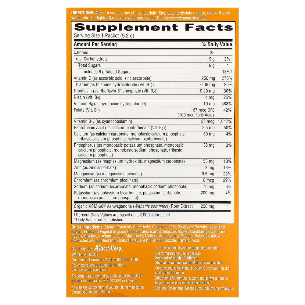 Emergen-C, Ашваганда, ягодная смесь, 18 пакетиков по 9,2 г (0,32 унции)