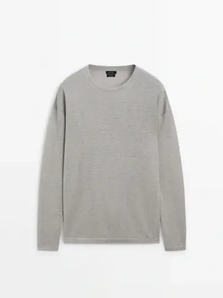 Massimo Dutti Льняной свитер с круглым вырезом, серый