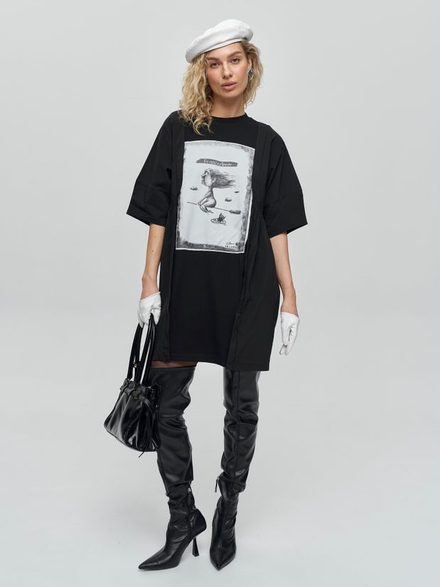 Платье футболка с принтом ДО ЛУНЫ, черное