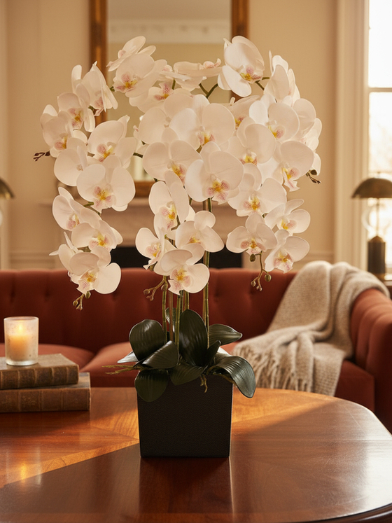 Искусственные Орхидеи белые 5 веток 75см в кашпо Лофт