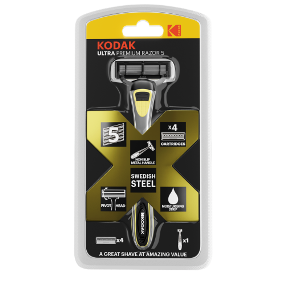 Бритвенная система Kodak Ultra Prem Razor 5 мужская 5 лезвий металлическая ручка 4 сменные кассеты | Kodak
