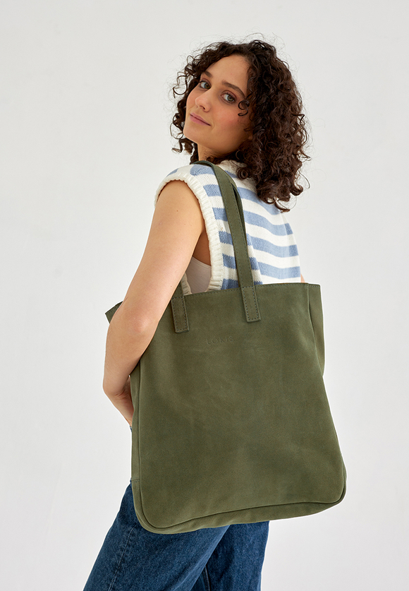 сумка шоппер хаки на молнии замша