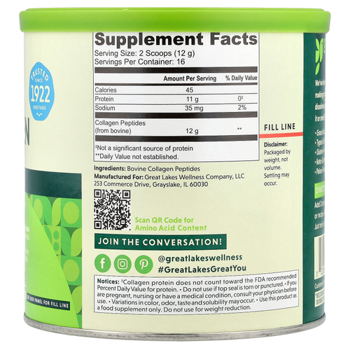 Great Lakes Wellness, быстрорастворимые пептиды коллагена, для ежедневного хорошего самочувствия, без вкусовых добавок, 198 г (7 унций)