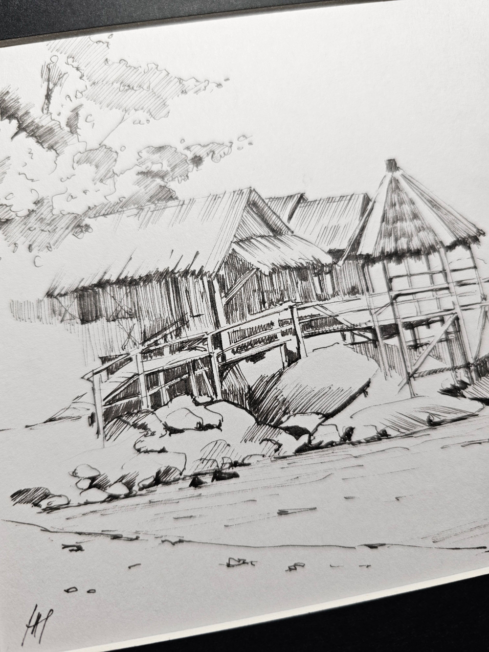 Картина, графика в паспарту 21х30 см на стену для интерьера "Хижины на сваях"