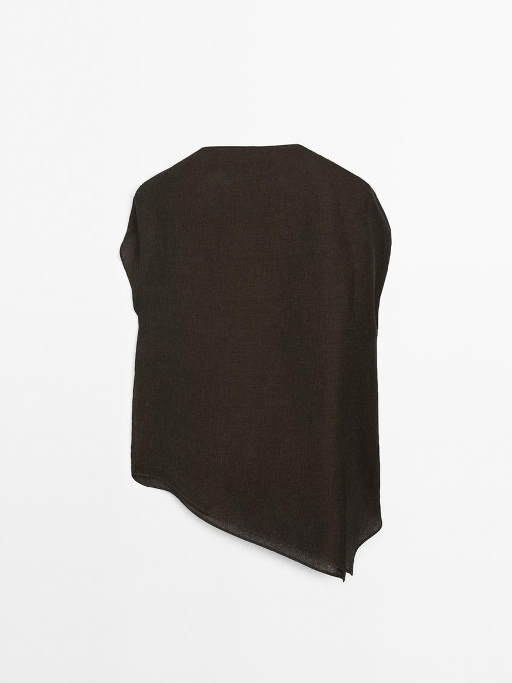 Massimo Dutti Блуза из смесового льна с деталью «Брошь», коричневый