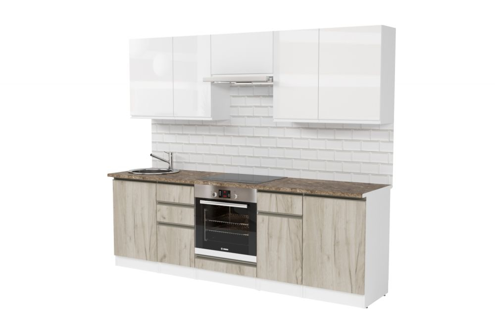 Кухонный гарнитур Антика базис 2400 мм (Белый глянец/Дуб браун, Аламбра темная)