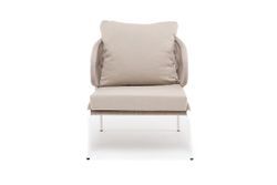 "Милан" кресло плетеное из роупа, каркас алюминий белый муар, роуп бежевый круглый, ткань бежевая 052