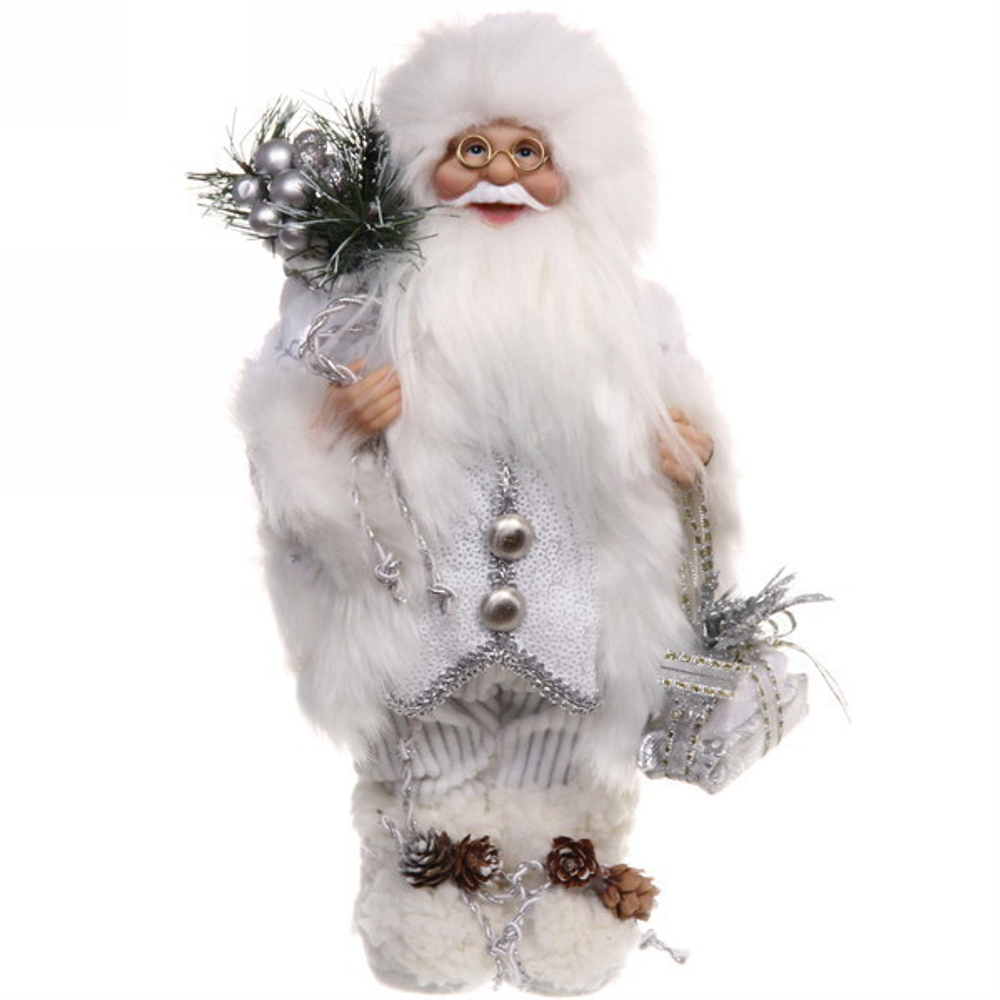 Дед Мороз - Лесовичок с подарком 30 см (без музыки), белый/серебро