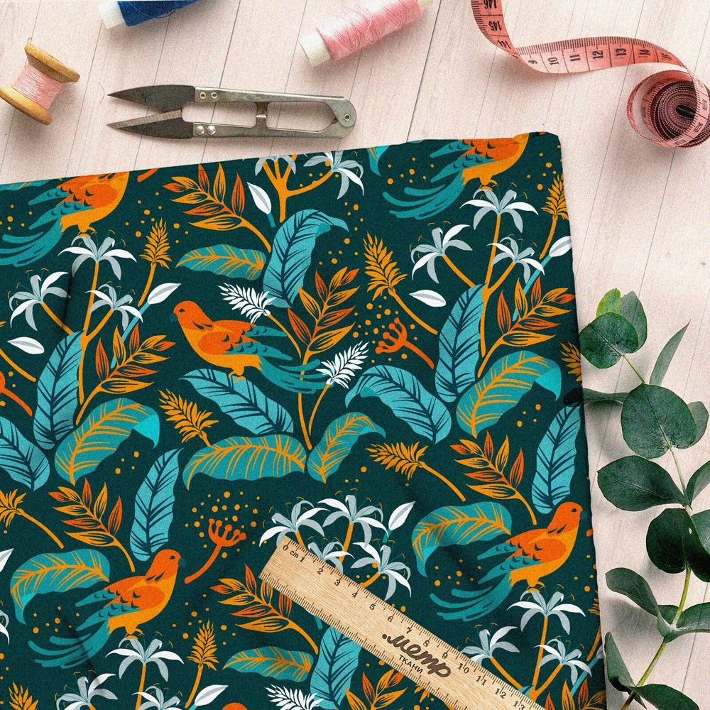 Ткань бифлекс синие листья с оранжевыми птицами
