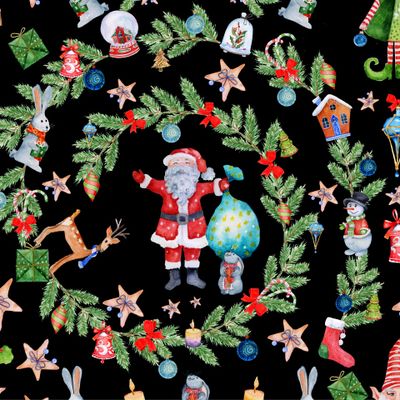 Seamless texture with Christmas watercolor pattern on black background.