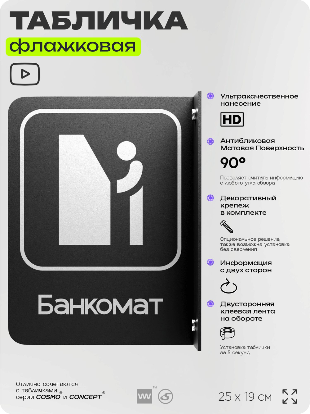 Табличка Банкомат флажковая на стену, двусторонняя с крепежом, 19 х 25 см, для офиса, кафе, ресторана, серия COSMO, Айдентика Технолоджи