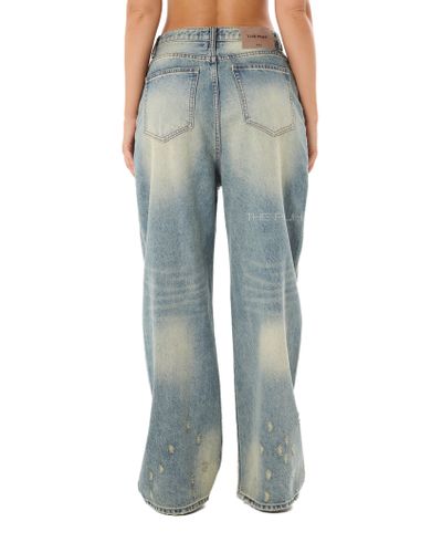 Голубые джинсы-трансформеры с потертостями по низу