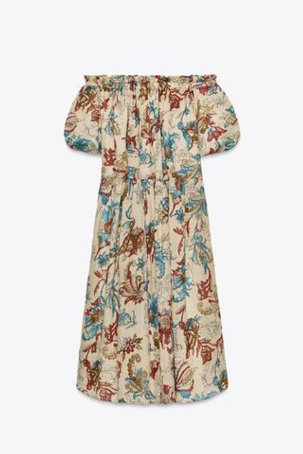 ZARA ПЛАТЬЕ ИЗ РАМИ С ПРИНТОМ — ZW COLLECTION, ПЕСОЧНЫЙ