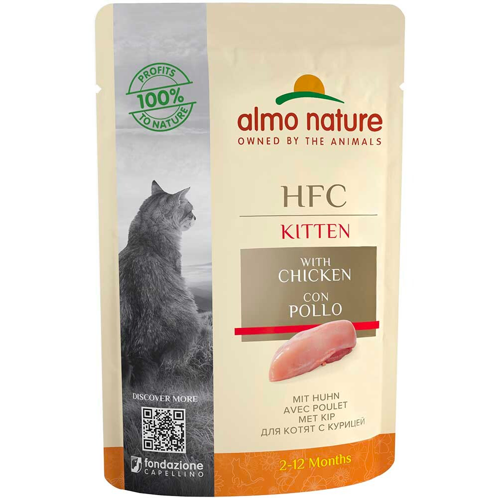 Almo Nature консервы для котят (от 2 месяцев) "HFC Kitten" с курицей (42% мяса) (желе) 55 г пакетик
