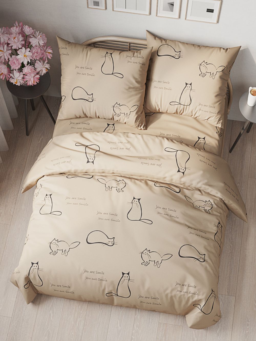 Простынь на резинке "КОТИКИ (беж)" 160х200 см  Сказка сатин