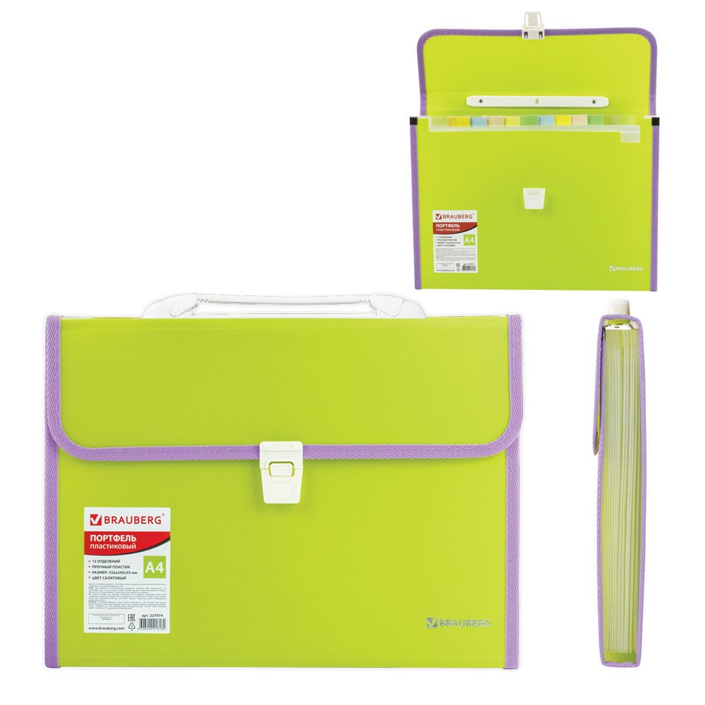 Папка-портфель пластиковая BRAUBERG "JOY" А4 (330х245х35 мм) 13 отделений с окантовкой салатовая (2 штуки в упаковке)