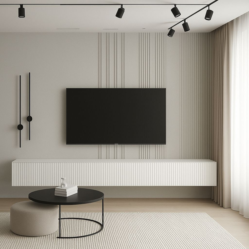 Подвесная тумба под ТВ 240 см белая матовая, МДФ, 4 откидных ящика, минимализм