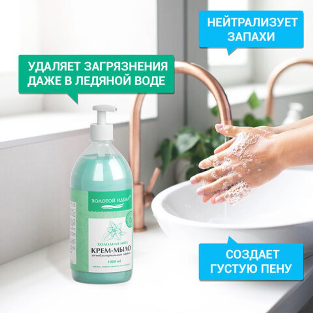 Мыло-крем жидкое с антибактериальным эффектом 1 л ЗОЛОТОЙ ИДЕАЛ "Холодная мята", дозатор, 608285