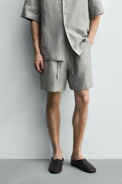 ZARA ШОРТЫ RELAXED FIT ИЗ 100% ЛЬНА, СВЕТЛО-СЕРЫЙ