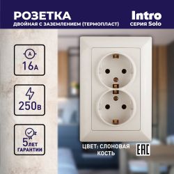 Розетка Intro Solo 4-205-02 с заземлением двойная 2X2P+E Schuko, 16А-250В, IP20, СУ, слоновая кость