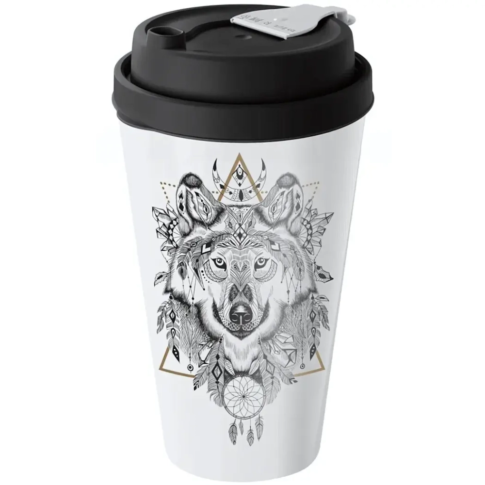 Стакан с крышкой 550мл с декором с клапаном (черный)