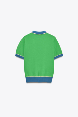 ZARA КОМБИНИРОВАННЫЙ ТРИКОТАЖНЫЙ ТОП-ПОЛО С КОРОТКИМИ РУКАВАМИ, ЗЕЛЕНЫЙ