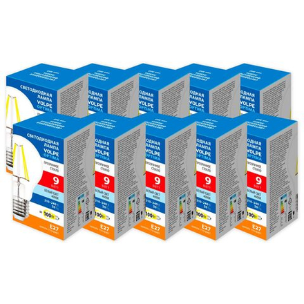 LED-A60-9W-4000K-E27-CL-SLF Набор из 10штук Лампа светодиодная. Форма А. прозрачная. Серия Optima Филамент. Белый свет 4000K. ТМ Volpe