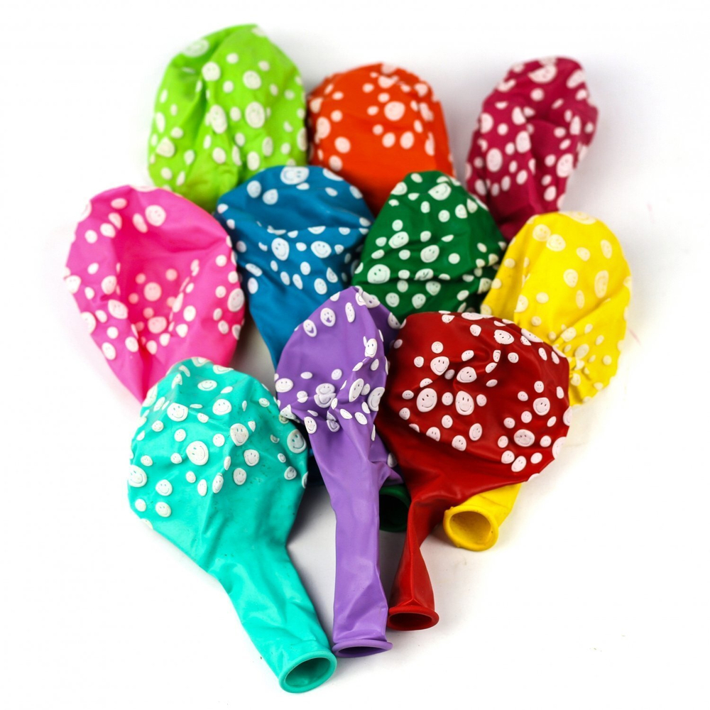 Шар воздушный Alingar, №12, с рисунком "Смайлики", цвета ассорти, 100шт/уп, пакет с европодвесом