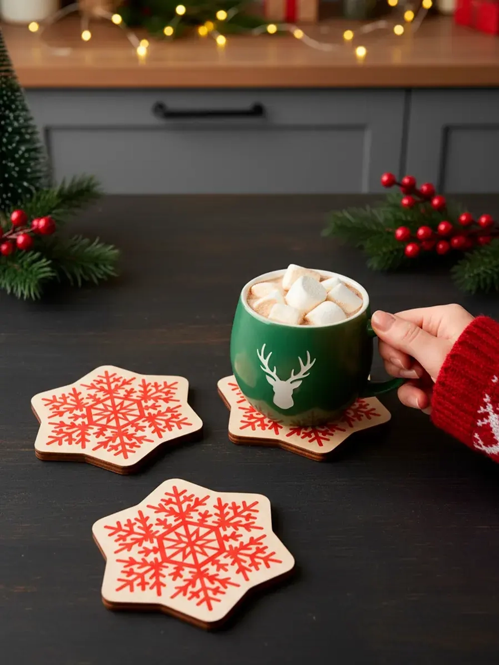 Подставки под стаканы и кружки новогодние набор снежинки