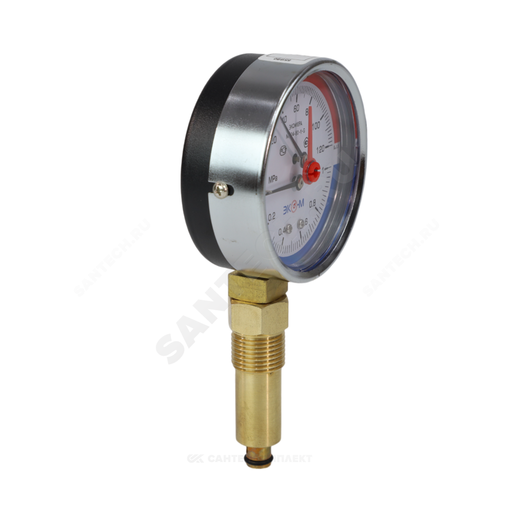 Термоманометр МД04 радиальный Дк80 0-1,0 МПа L=40мм G1/4" 120С с переходником на G1/2" ЭКОМЕРА МД04-80-G-1МПа-120-L-40-РИ