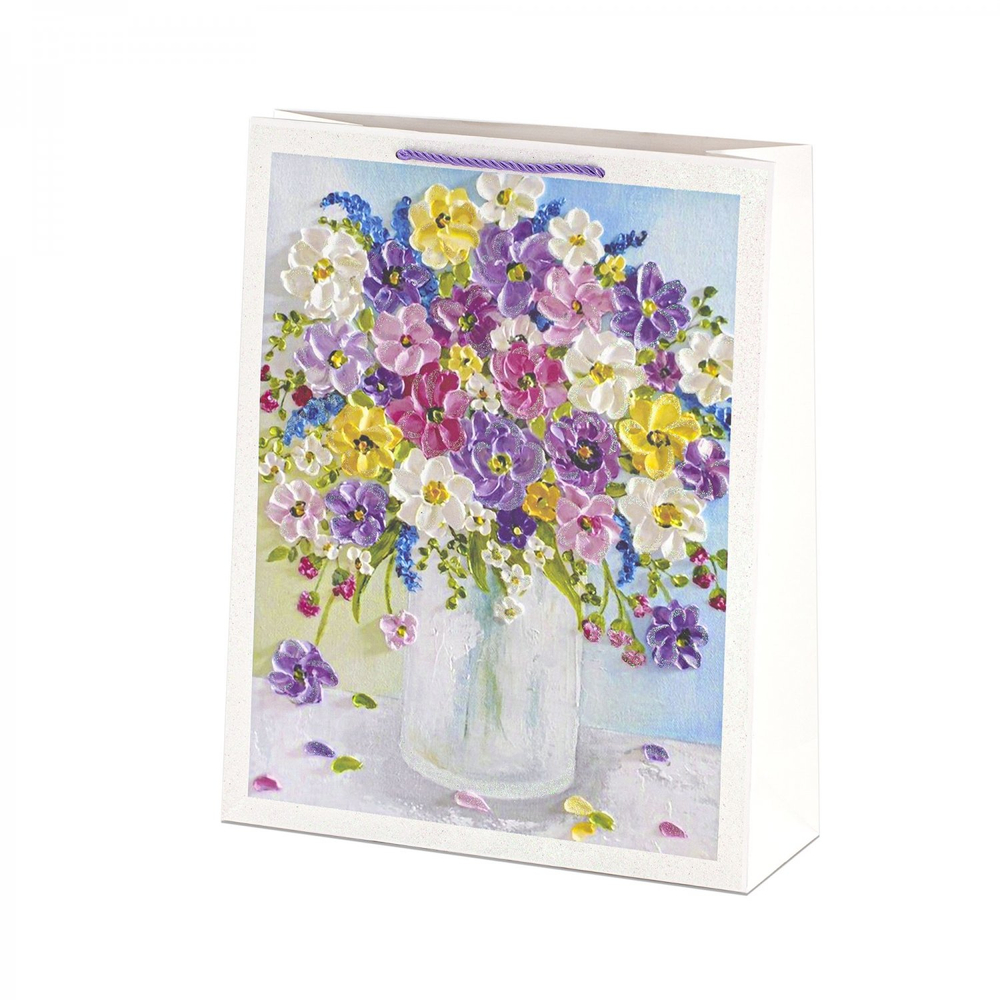 Пакет подарочный бумажный Alingar, (L+) 26х32х10 см, вертикальный, "Цветы маслом", матов. ламинация, глиттер, ассорти