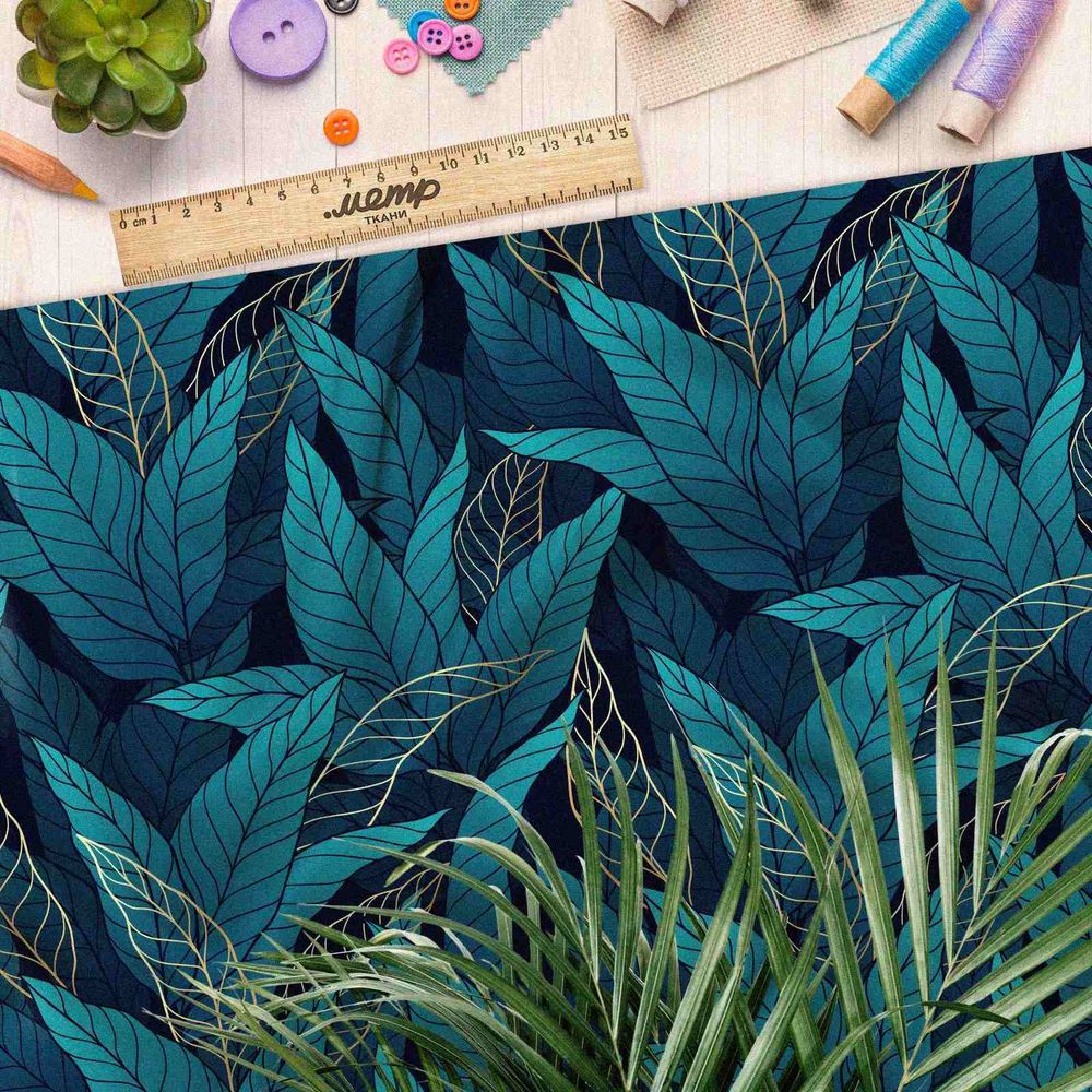 Ткань барби синие листочки с золотом