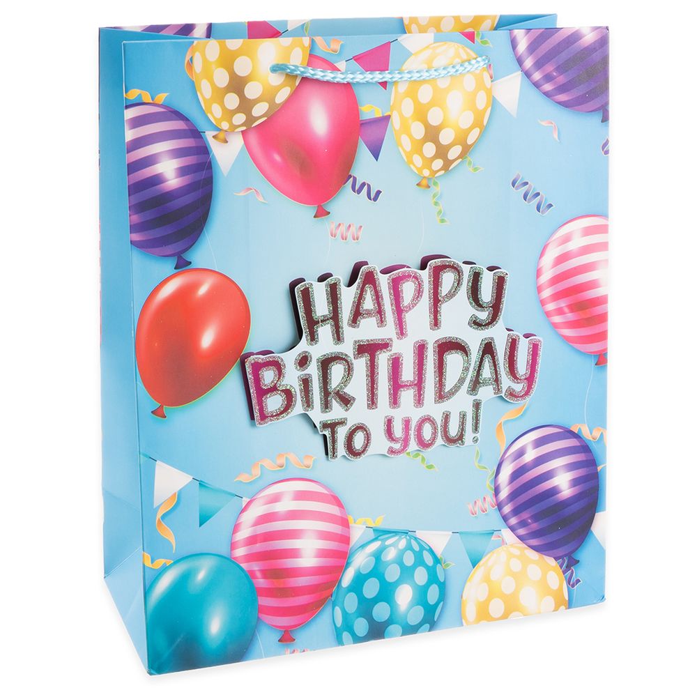 Пакет подарочный 3D, Happy Birthday To You, Дизайн №2, Голубой, с блестками, 32*26*12 см, 1 шт.
