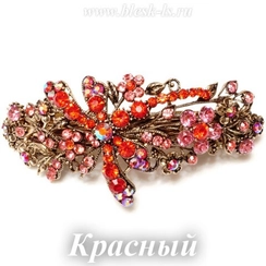 Заколка с замком на бронзовой основе "Стрекоза", Красный